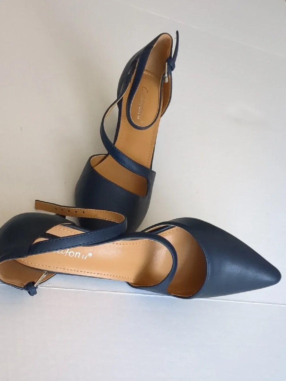 Strappy Pointed-Toe Ankle-Strap Heels in Navy